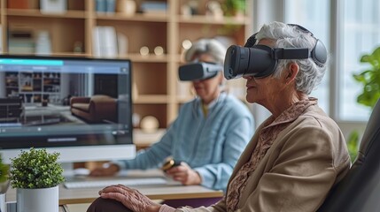 group of older adults, wearing VR headsets, are immersed in their respective virtual tours. They are looking at exhibits, listening to audio guides, and interacting with other visitors vr tour concept - Powered by Adobe