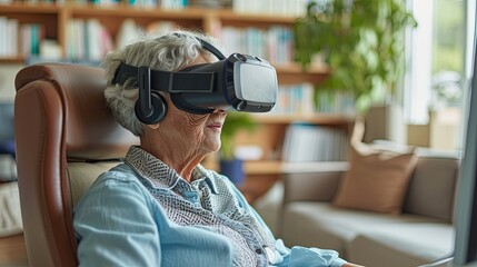 therapist's office with a VR headset and a computer. Characters: An older adult, wearing a VR headset, is sitting with a therapist. They are working through a virtual therapy session vr doctor