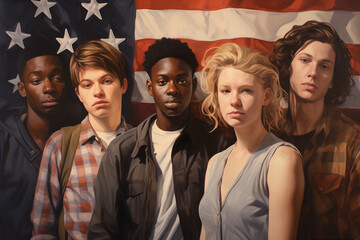 painting of a diverse group of teen students in front of usa flag: the new faces of america - obrazy, fototapety, plakaty