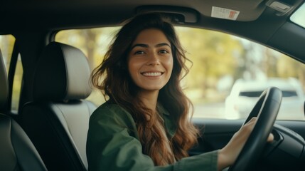 Smiling beautiful successful woman, businesswoman driving a new car enjoying a car trip.