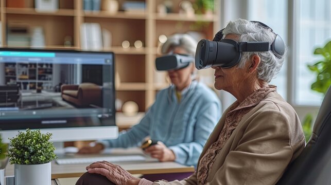 group of older adults, wearing VR headsets, are immersed in their respective virtual tours. They are looking at exhibits, listening to audio guides, and interacting with other visitors vr tour concept