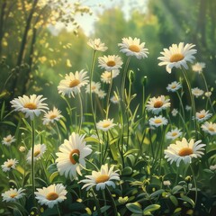 blooming white daisies, their delicate petals shimmering under the golden sunlight, while vibrant yellow centers add a touch of warmth and vibrancy to the scene.