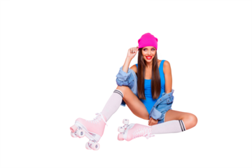 Attractive person people concept. Full length size photo portrait of pretty cute lovely charming lady resting sitting relaxing on floor isolated pastel background