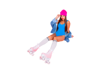 feminine person people concept. Top above high angle view full body length studio photo portrait of beautiful pretty attractive charming lady sitting on floor isolated color vivid background