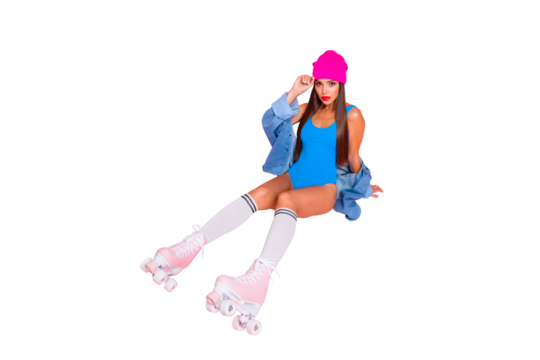 feminine person people concept. Top above high angle view full body length studio photo portrait of beautiful pretty attractive charming lady sitting on floor isolated color vivid background