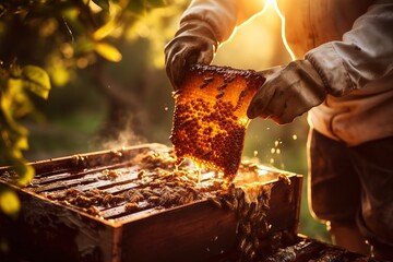 bees in the beehive, natural honey - obrazy, fototapety, plakaty