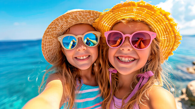 Two girls with straw hats and sunglasses taking a selfie on a summer day near the beach