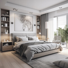 Bedroom interior with white and grey color