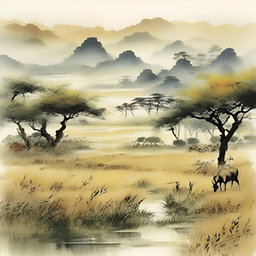 Watercolor paintings of the savanna in the style of traditional Japanese paintings. © Pram