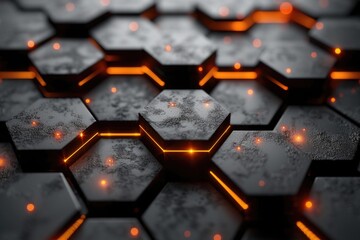A mesmerizing display of illuminated hexagons captured in a keyboard's close up, evoking a sense of...