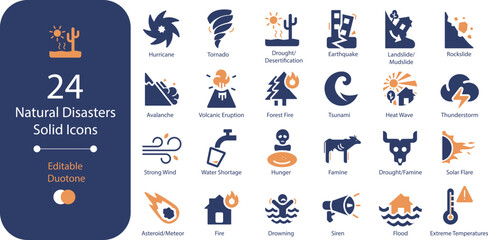 Natural disasters and weather events solid duotone flat icon pack with 24 isolated icons