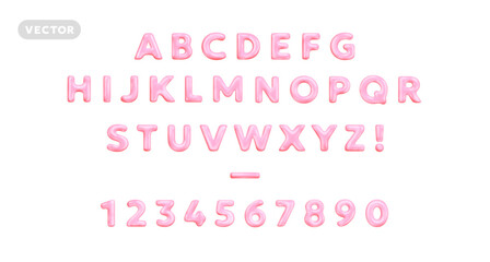 Vector realistic abc illustration of pink color glossy letter and number. 3d style design of complete alphabet on white background. Shine font collection letter and number in cartoon style