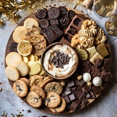 Fototapeta na wymiar Sweet Gift, Round Board with Different Chocolates, Chip Cookies, Chocolate Macrons, Meringue Cookies