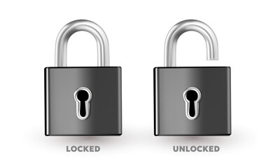 Vector illustration of locked and unlocked padlock on white background. 3d style design of metallic shine lock