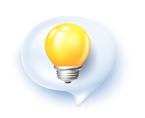 Vector illustration of speech bubble with shine light bulb and shadow on white background. 3d style design of communication speech bubble with electric light bulb