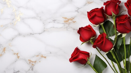 composition of a bouquet of red roses flowers, top view with copy space on a light golden marble surface - Powered by Adobe