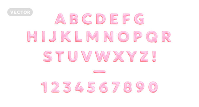 Vector realistic abc illustration of pink color glossy letter and number. 3d style design of complete alphabet on white background. Shine font collection letter and number in cartoon style