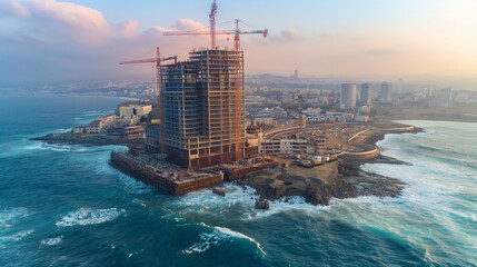 business offices under construction with ocean views - obrazy, fototapety, plakaty