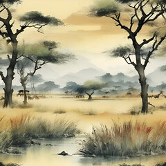 Watercolor paintings of the savanna in the style of traditional Japanese paintings.
