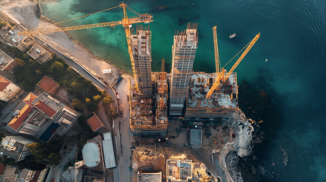construction of skyscrapers, top view , banner