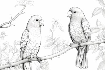 Exotic birds perched on tree branches in a tropical paradise, line drawing, no background, no detail, no color.