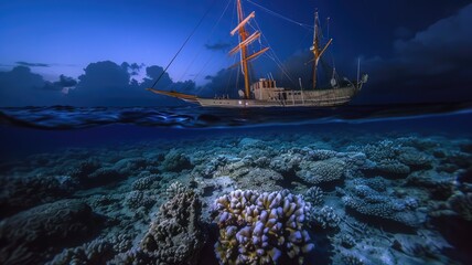 a sailing frigate, its mast protruding through the water's surface, as it is stuck on an underwater coral reef during the dark of night, evoking a sense of peril and isolation.