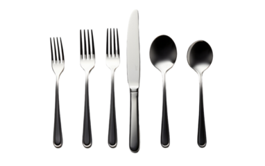 Set of Five Forks, Spoons, and Knives. A photo showcasing a set of five forks, spoons, and knives neatly arranged on a table.