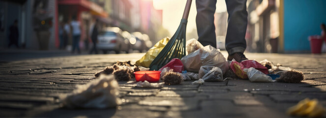 A municipal employee collects and removes garbage