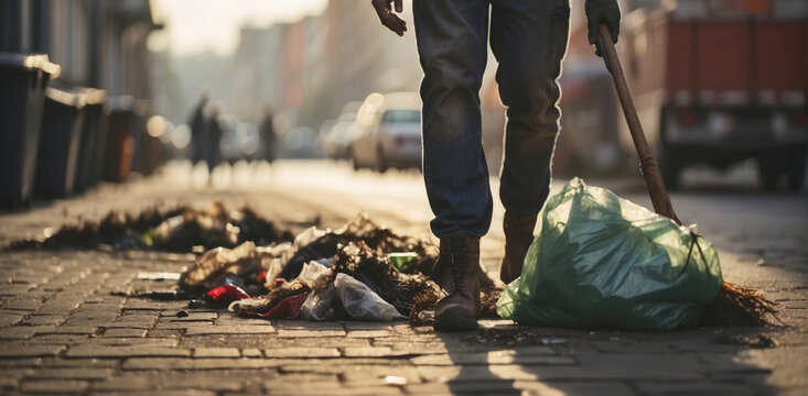 A municipal employee collects and removes garbage