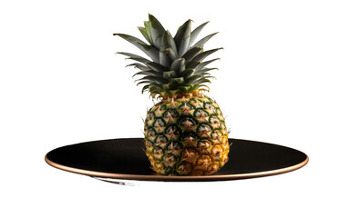 Pineapple on Top of Black Plate. A ripe pineapple sits atop a sleek black plate, creating an elegant and contrasting arrangement.