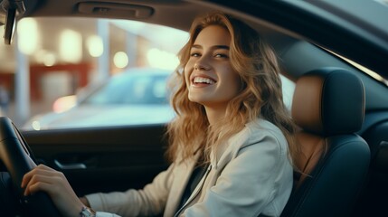 A happy successful smiling young woman driving a car. Buying and renting a car.