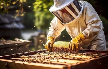 Male beekeeper in white coat holding honey bee hive ready to harvest honey - obrazy, fototapety, plakaty