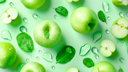 Green fresh ripe organic apples with green leaves on tender mint background with water drops. Fruits backdrop with natural farm apples. Concept of healthy food, vegan or vegetarian diet and harvest