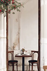 Vintage Chic Cafe Setting with Floral Centerpiece and Rustic Wall Background