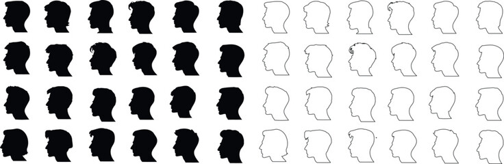 Cameo Silhouette collection, diverse hairstyles, head shapes. Black and white vector illustrations, male female profiles. Perfect for avatars, icons, design elements - obrazy, fototapety, plakaty