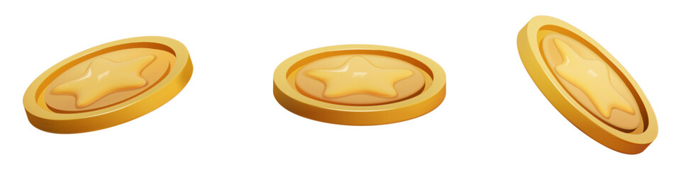 Gold Coin set 3d render. Game Money on white background. Coin with star for game reward and prize. Vector 3d illustration.