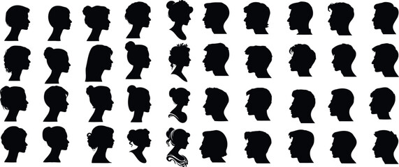 Cameo Silhouette collection, diverse profiles. Ideal for identity, character design visuals. Men, women showcasing various hairstyles, features. Variety in shapes, sizes of heads, hairstyles depicted - obrazy, fototapety, plakaty