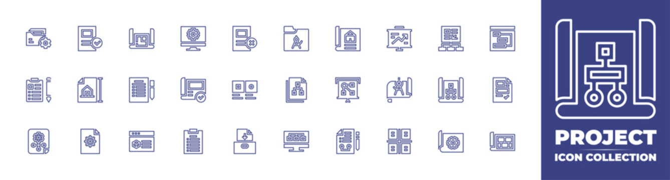 Project line icon collection. Editable stroke. Vector illustration. Containing project management, presentation, project, blueprint, compass, briefing, architecture, property, workflow, project plan.
