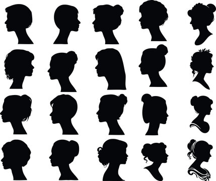 cameo silhouette collection showcasing diverse hairstyles. Perfect for beauty, fashion, diversity themes. Black profiles against a white background. Anonymous, unique headshots