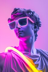 Greek statue with sunglasses black in neon light