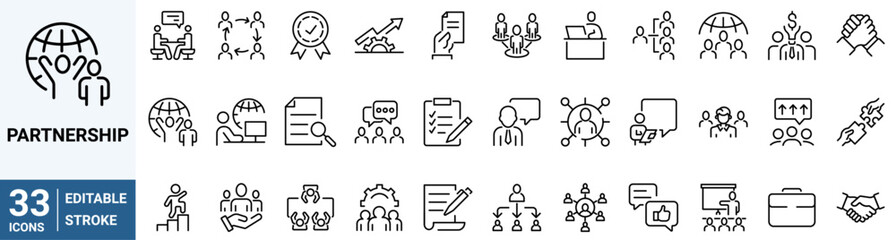 Partnership line web icons. Contains such icons as business, trust, collaboration, goal, teamwork, share, performance, knowledge and planning Editable stroke.