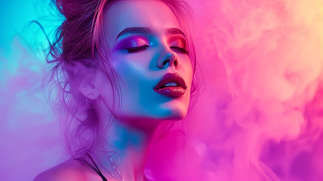 Portrait of a girl in smoke and neon light