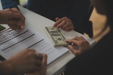 Business Signing a Contract Buy - sell house, insurance agent analyzing about home investment loan Real Estate concept. - obrazy, fototapety, plakaty