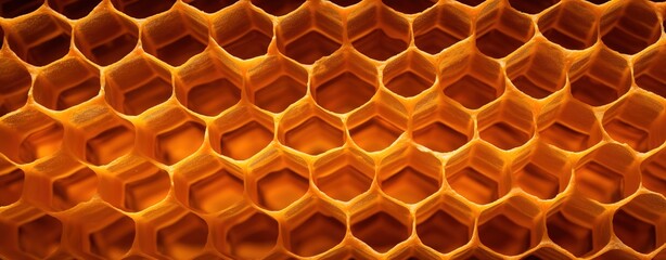 Closeup of hexagonal honeycomb cells with honey 