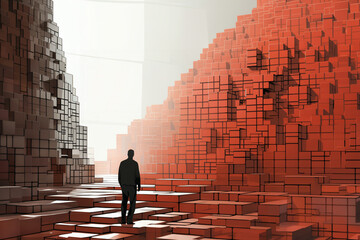 a man stands on a very large stack of many red and white block shapes, in the style of 3D rendering