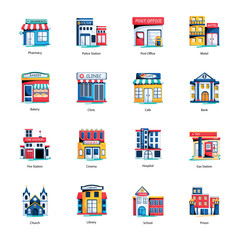 Obraz premium Set of 16 Buildings Flat Icons