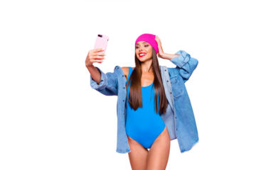 Life stream video selfie mania! Studio photo portrait of attractive cheerful fun joy joyful girl making taking self picture posing for camera isolated pastel background copy space