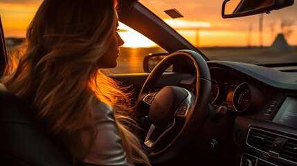Close-up of a beautiful woman driving a car at sunset while traveling and on vacation.