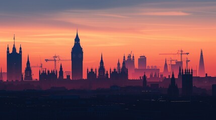 Fototapeta premium Develop a minimalist silhouette representation of architectural landmarks against a cityscape at dusk, portraying iconic structures with precision and style
