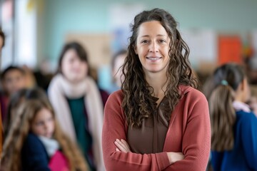 Obraz premium Confident female teacher smiling in a classroom with students in the background.